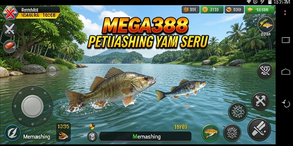 Tampilan antarmuka game memancing yang menarik dan interaktif.